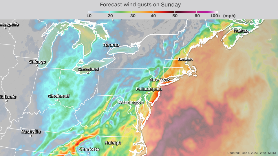 Strong wind gusts will impact the Northeast, especially on Sunday evening. - CNN Weather