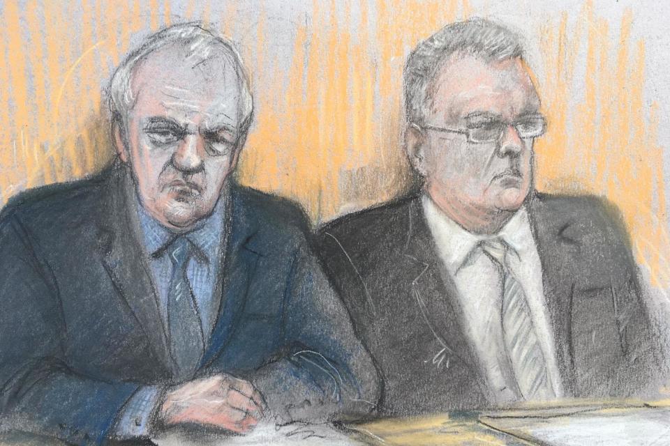 Court artist sketch by Elizabeth Cook of Hillsborough match commander David Duckenfield and former Sheffield Wednesday club secretary Graham Mackrell (PA)