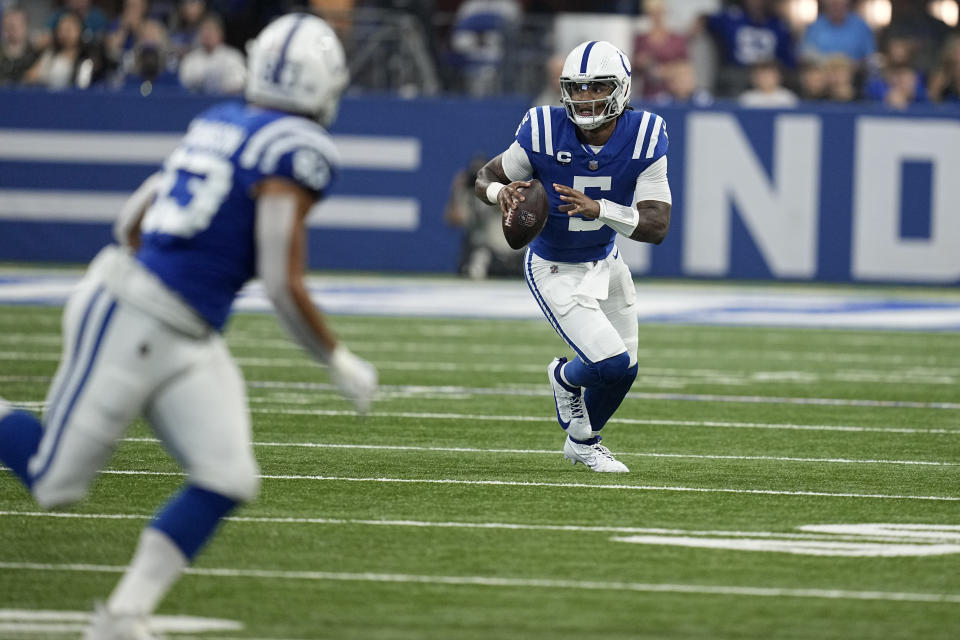 Indianapolis Colts quarterback Anthony Richardson looks to pass during the first half of an NFL football game against the Los Angeles Rams, Sunday, Oct. 1, 2023, in Indianapolis. (AP Photo/Darron Cummings)