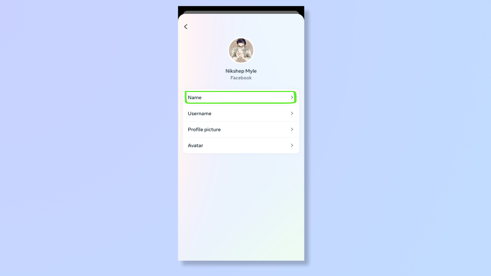 Screenshot of the Facebook app's profile editing slide with a box highlighting Name. 