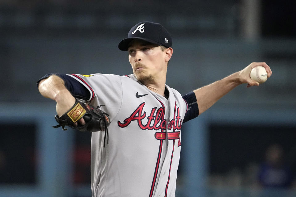 FILE - Atlanta Braves starting pitcher Max Fried throws to the plate during the first inning of a baseball game against the Los Angeles Dodgers Friday, Sept. 1, 2023, in Los Angeles. Baseball’s next free agency class won’t have a two-way star like Shohei Ohtani, and almost certainly no deals like his record-shattering $700 million over 10 years to switch teams in Los Angeles this year. But there could still be All-Star sluggers and Cy Young Award winners available next offseason.(AP Photo/Mark J. Terrill, File)