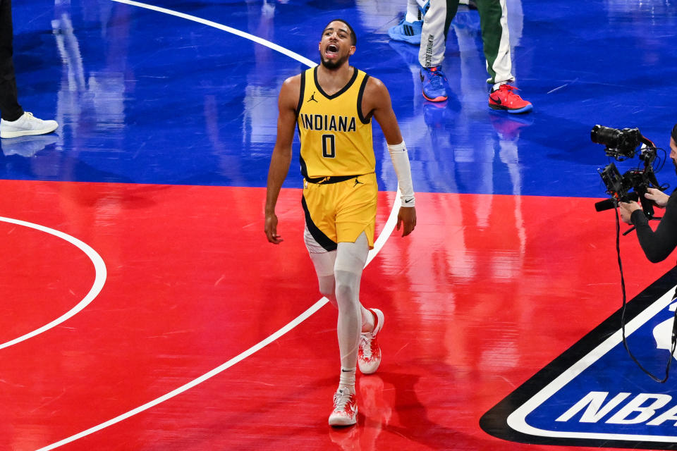 LAS VEGAS, NEVADA - DECEMBER 7: Tyrese Haliburton (0) of Indiana Pacers in action during NBA In-Season Tournament Semifinals game between Milwaukee Bucks and Indiana Pacers at the T-Mobile Arena in Las Vegas, Nevada, United States on December 7, 2023. (Photo by Tayfun Coskun/Anadolu via Getty Images)