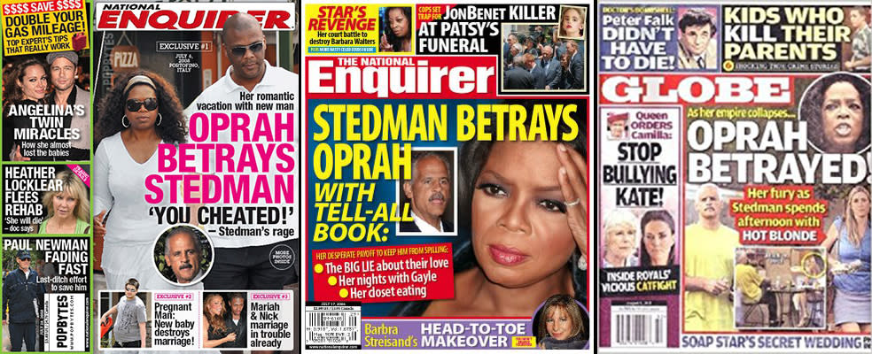 Oprah being betrayed — or betraying someone — is a common theme. (Photos: <em>National Enquirer</em>/<em>Globe</em>)