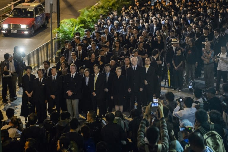 Lawyers protest at a ruling by China which effectively bars two pro-independence legislators from taking office in Hong Kong, on November 8, 2016