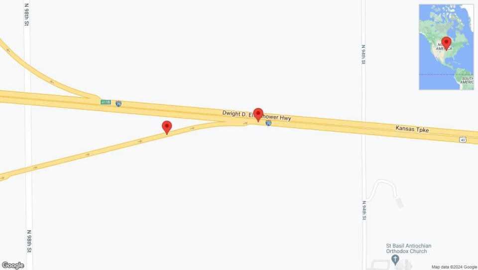 A detailed map that shows the affected road due to 'Broken down vehicle on the Kansas Turnpike in Edwardsville' on July 25th at 1:38 p.m.