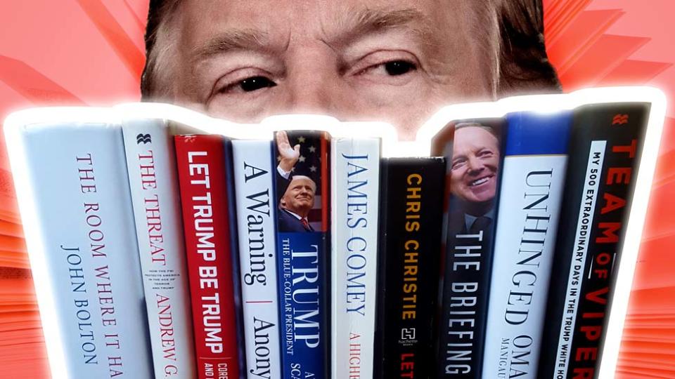 Una foto compuesta de Donald Trump y varios libros que se han escrito sobre él