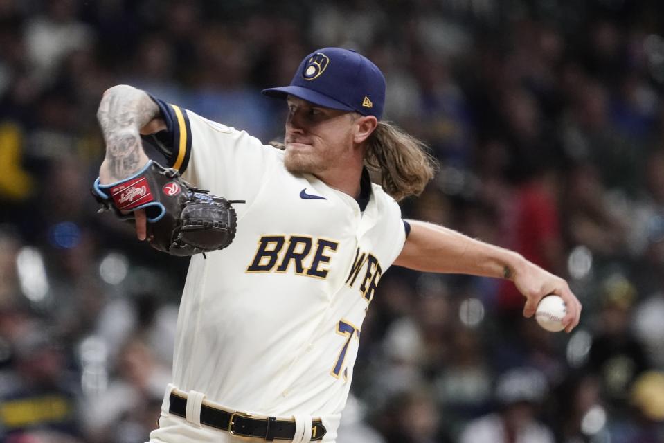 Milwaukee Brewers relief pitcher Josh Hader throws during the ninth inning of a baseball game Monday, May 16, 2022, in Milwaukee. (AP Photo/Morry Gash)