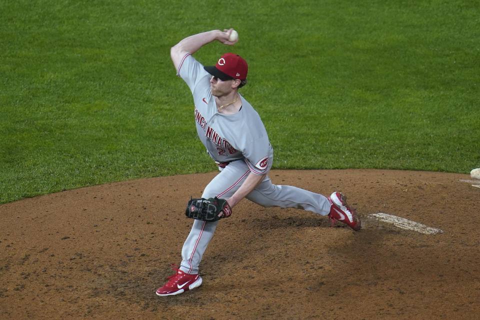 Cincinnati Reds pitcher Anthony Solafani throws to a Minnesota Twins batter during the fifth inning of a baseball game Saturday, Sept. 26, 2020, in Minneapolis. (AP Photo/Jim Mone)