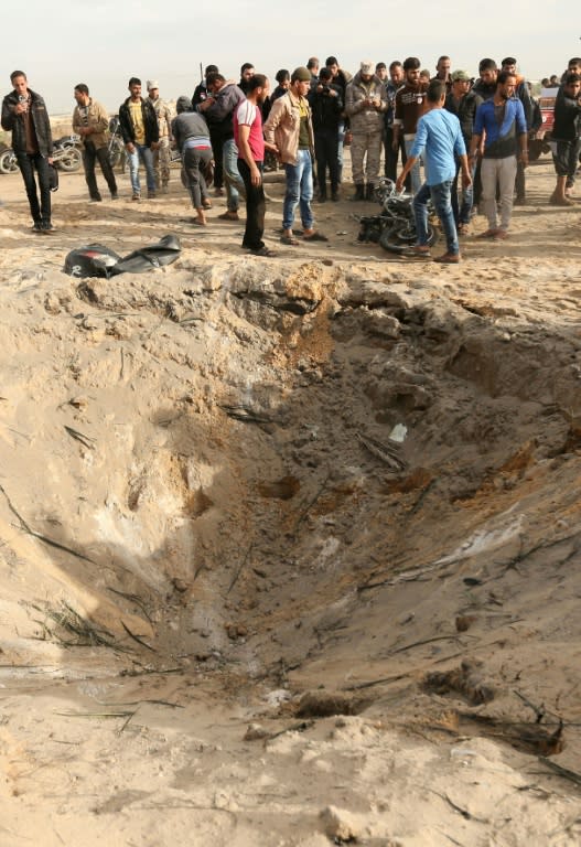 The crater left by an explosion in the Gaza Strip on December 12, 2017 that killed two Islamic Jihad militants