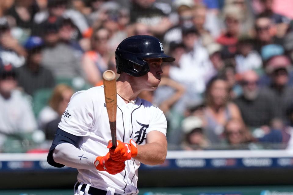 Detroit Tigers' Kerry Carpenter hits a RBI single to center during the fifth inning of a baseball game against the New York Yankees at Comerica Park in Detroit on Thursday, Aug. 31, 2023.