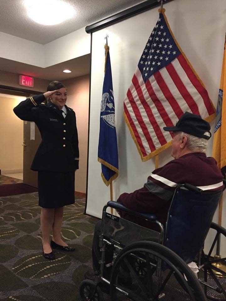 Boyer was commissioned as a second lieutenant during a ceremony in Ashland at the Holiday Inn so her late grandfather, James Baker, could render her first salute.