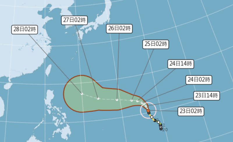 ▲瑪娃颱風最快周三有機會增強為強烈颱風，將成為今年第1個強颱。目前預估路徑有4種可能，對台灣影響大不同。（圖／翻攝中央氣象局官網）