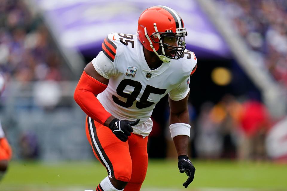Cleveland Browns defensive end Myles Garrett (95) is shown in action against the Baltimore Ravens in the first half of an NFL football game, Sunday, Oct. 23, 2022, in Baltimore. (AP Photo/Julio Cortez)