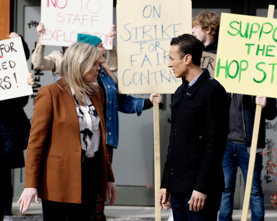 FROM ITV

STRICT EMBARGO
Print media - No Use Before Tuesday 19th April 2022
Online Media - No Use Before 0700hrs Tuesday 19th April 2022

Emmerdale - Ep 9346

Monday 25th April 2022

With the picket line deterring customers, Kim Tate [CLAIRE KING] demands Jai Sharma [CHRIS BISSON] gets her staff back inside but sheâ€™s stunned by his reaction. 

Picture contact - David.crook@itv.com

Photographer - Mark Bruce

This photograph is (C) ITV Plc and can only be reproduced for editorial purposes directly in connection with the programme or event mentioned above, or ITV plc. Once made available by ITV plc Picture Desk, this photograph can be reproduced once only up until the transmission [TX] date and no reproduction fee will be charged. Any subsequent usage may incur a fee. This photograph must not be manipulated [excluding basic cropping] in a manner which alters the visual appearance of the person photographed deemed detrimental or inappropriate by ITV plc Picture Desk. This photograph must not be syndicated to any other company, publication or website, or permanently archived, without the express written permission of ITV Picture Desk. Full Terms and conditions are available on  www.itv.com/presscentre/itvpictures/terms