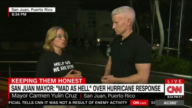 Carmen Yulín Cruz, the mayor of San Juan, Puerto Rico, wore a T-shirt that read, “Help Us We Are Dying” on CNN. (Photo: CNN)