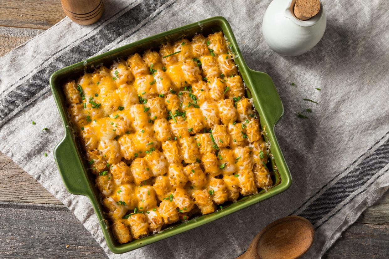 Homemade Tater Tot Hotdish Casserole with Beef and Cheese