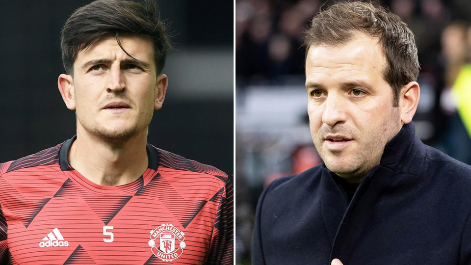 Rafael van der Vaart (pictured right) during commentary and Manchester United's Harry Maguire (pictured left) during training.