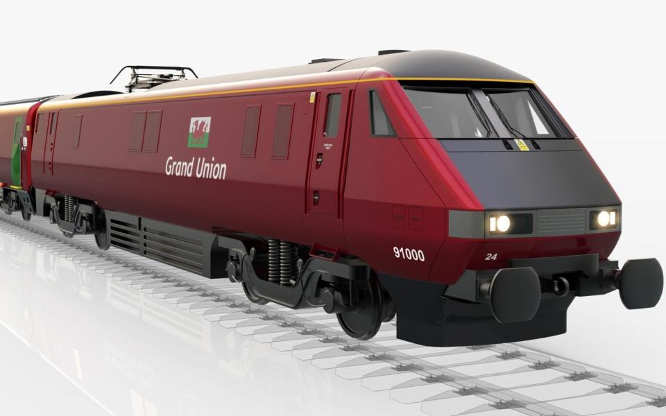 A concept drawing of a railway engine in red with a Welsh flag