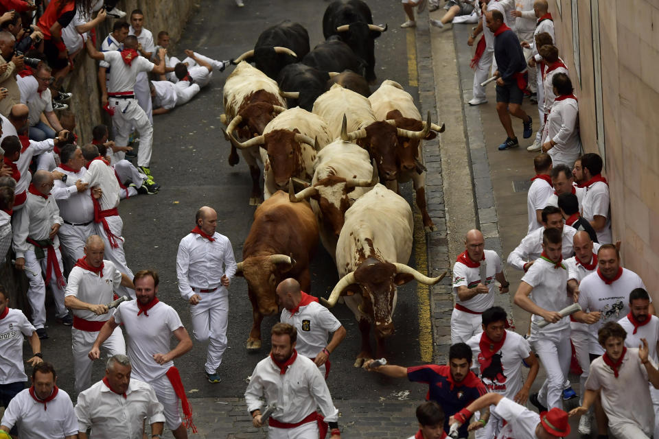 Revellers run next to fighting bulls during the running of the bulls at the San Fermin Festival, in Pamplona, northern Spain, Sunday, July 7, 2019. Revellers from around the world flock to Pamplona every year to take part in the eight days of the running of the bulls. (AP Photo/Alvaro Barrientos)