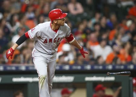 Aug 31, 2018; Houston, TX, USA; Los Angeles Angels shortstop Andrelton Simmons (2) hits a two-run home run during the sixth inning against the Houston Astros at Minute Maid Park. Mandatory Credit: Troy Taormina-USA TODAY Sports