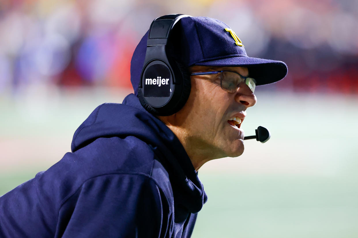 PISCATAWAY, NJ - NOVEMBER 05: Michigan Wolverines head coach Jim Harbaugh during the college football game against the Rutgers Scarlet Knights on November 5, 2022 at SHI Stadium in Piscataway, New Jersey.  (Photo by Rich Graessle/Icon Sportswire via Getty Images)