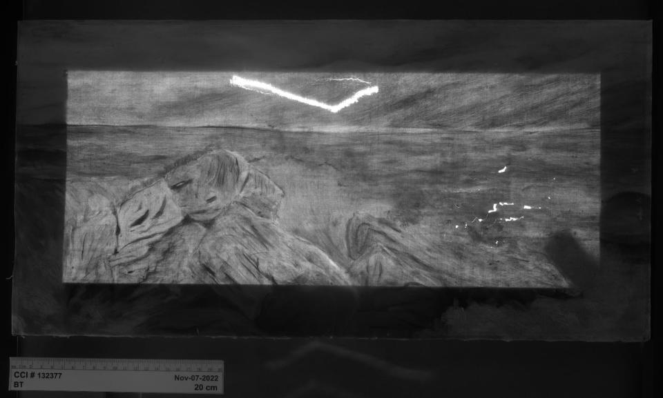 The photo taken with near-infrared radiation reveals the drawing that England applied to her canvas before she started to paint.