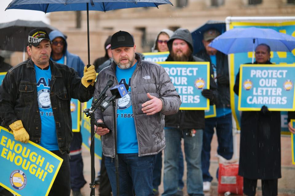 National Association of Letter Carriers (NALC) president Brian Renfroe speaks at a press conference on the south plaza of the Oklahoma Capitol, Thursday, Feb. 29, 2024.