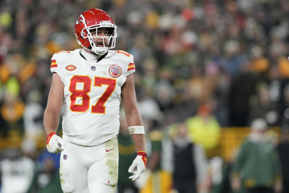 GREEN BAY, WISCONSIN - DECEMBER 03: Travis Kelce #87 of the Kansas City Chiefs looks on in the first half against the Green Bay Packers at Lambeau Field on December 03, 2023 in Green Bay, Wisconsin. (Photo by Patrick McDermott/Getty Images)