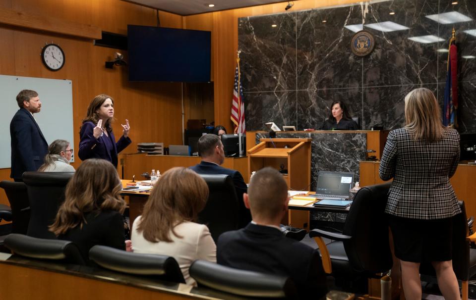 Shannon Smith, attorney for Jennifer Crumbley, heatedly reacts to Oakland County Prosecutor Karen McDonald requesting that they be mindful of showing emotion in the courtroom of Oakland County Judge Cheryl Matthews on Thursday, Jan. 25, 2024, in Jennifer Crumbley's trial on four counts of involuntary manslaughter.