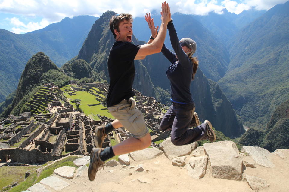 Time to celebrate after finishing the Inca Trail and reaching Machu Picchu, Peru.