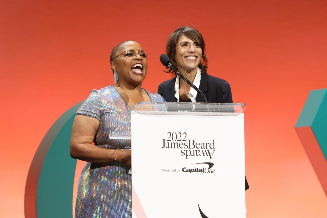 Tanya Holland and Dominique Crenn speak onstage during the 2022 James Beard Restaurant and Chef Awards at Lyric Opera of Chicago on June 13, 2022 in Chicago.