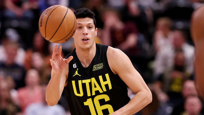 Utah’s Simone Fontecchio passes the ball as the Jazz play Denver at Vivint Arena in Salt Lake City on Saturday, April 8, 2023.