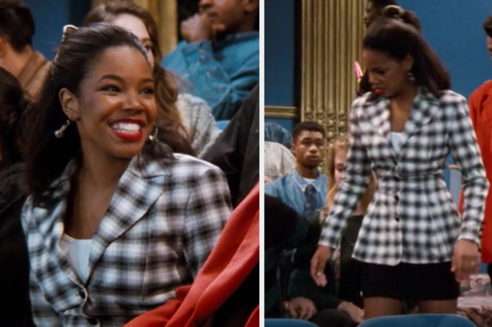 Laura attends a date to the movies wearing a plaid blazer and mini skirt, from the "Family Matter" episode, "A Thought In the Dark"