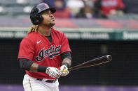 Cleveland Indians' Jose Ramirez watches his triple in the fourth inning of a baseball game against the New York Yankees, Saturday, April 24, 2021, in Cleveland. (AP Photo/Tony Dejak)