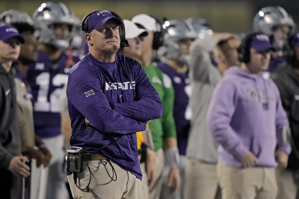 Kansas State head coach Chris Klieman watches during the second half of an NCAA college football game against TCU Saturday, Oct. 21, 2023, in Manhattan, Kan. (AP Photo/Charlie Riedel)