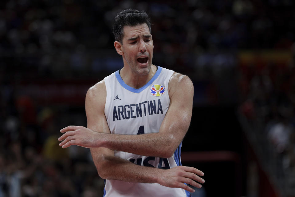 Argentina team captain Luis Scola reacts during their FIBA Basketball World Cup Final against Spain, at the Cadillac Arena in Beijing, Sunday, Sept. 15, 2019. (AP Photo/Mark Schiefelbein)