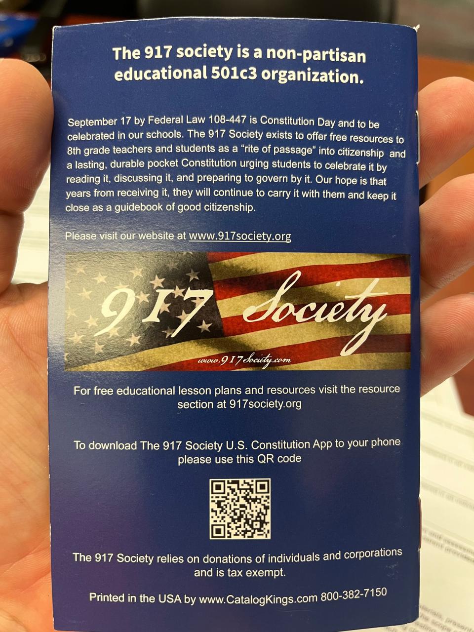 A pocket Constitution from the 917 Society that was delivered to a Brevard middle school.