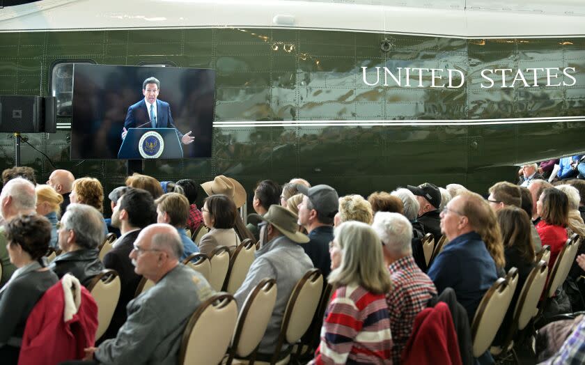 Simi Valley, California March 5, 2023-Florida Governor Ron DeSantis speaks to donors at the Ronald Reagan Library Sunday in Simi Valley. (Wally Skalij/(Los Angeles Times)