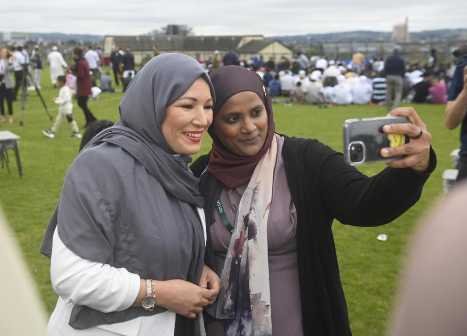 Sinn Fein vice president Michelle O’Neill (left) attended the Eid festival at Davitt Park GAA grounds in Belfast on Saturday (Mark Marlow/PA) (PA Wire)