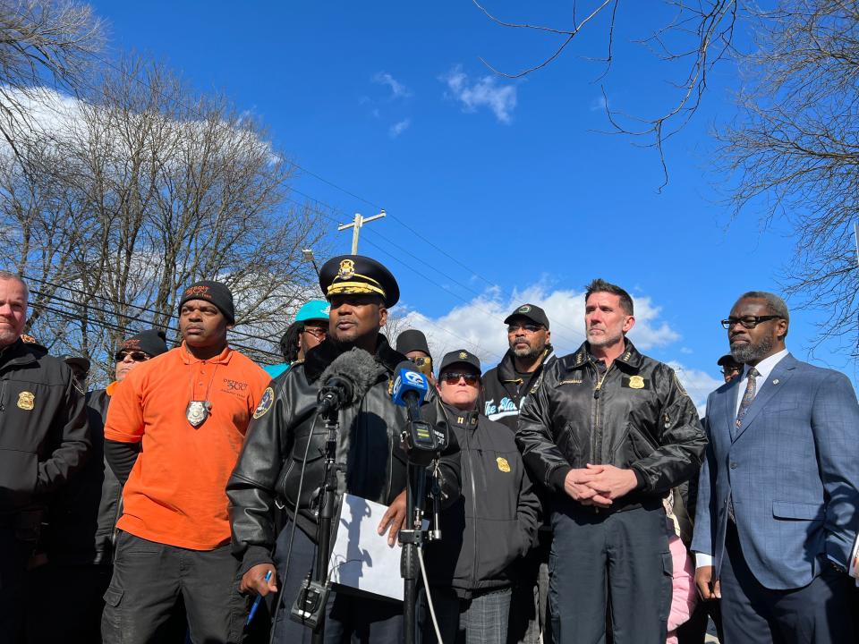 Detroit Police Chief James White held a news conference on March 29, 2023 at the intersection of Memorial Street and Glendale Street, near where an 80-year-old woman was sexually assaulted outside of her home just days prior. White said he is confident the suspect will be apprehended, but asked for the public's help locating him.