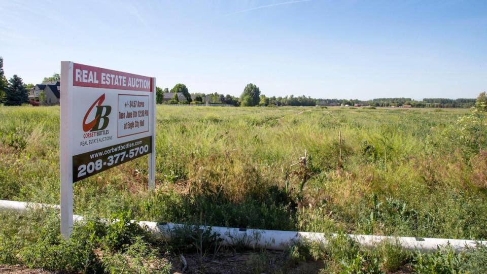 This site once supported a city sign promising a park. “We are excited to begin construction of the West Eagle Park,” Mayor Stan Ridgeway wrote in a letter to the Ada County Highway District in August 2019, three months before he was defeated for re-election. Now this sign promotes the land’s upcoming sale.