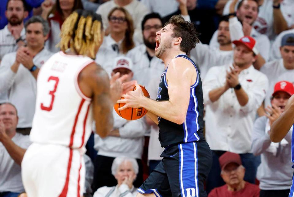 Duke’s Ryan Young (15) can’t believe he was called for a foul during the first half of Duke’s game against Arkansas at Bud Walton Arena in Fayetteville, Ark., Weds. Nov. 29, 2023.