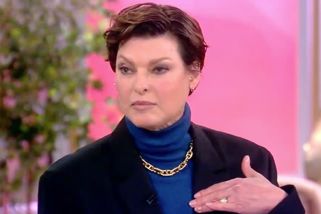 <p>The View/Twitter</p> Linda Evangelista points out where she felt a lump