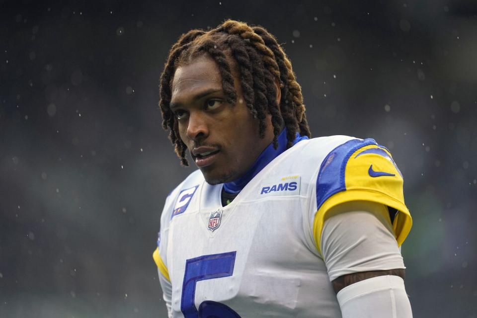 Rams cornerback Jalen Ramsey stands on the field before a game against the Seattle Seahawks on Jan. 8.