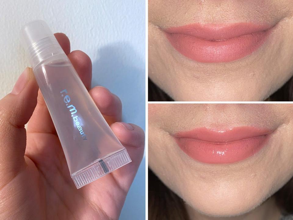 The REM Beauty plumping lip gloss (left), and how the product works on lips (right).