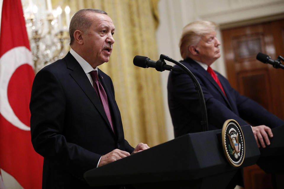 Turkish President Recep Tayyip Erdogan speaks during a news conference with President Donald Trump in the East Room of the White House.