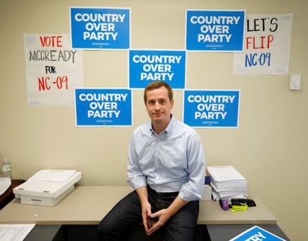 Dan McCready, Democratic candidate in the special election for North Carolina's 9th Congressional District, sits for a portrait at his campaign headquarters, in Charlotte, North Carolina