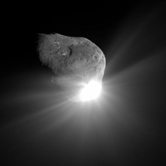 This image was captured by NASA’s Deep Impact flyby spacecraft 67 seconds after the mission’s impactor probe slammed into Comet Tempel 1 on July 4, 2005.