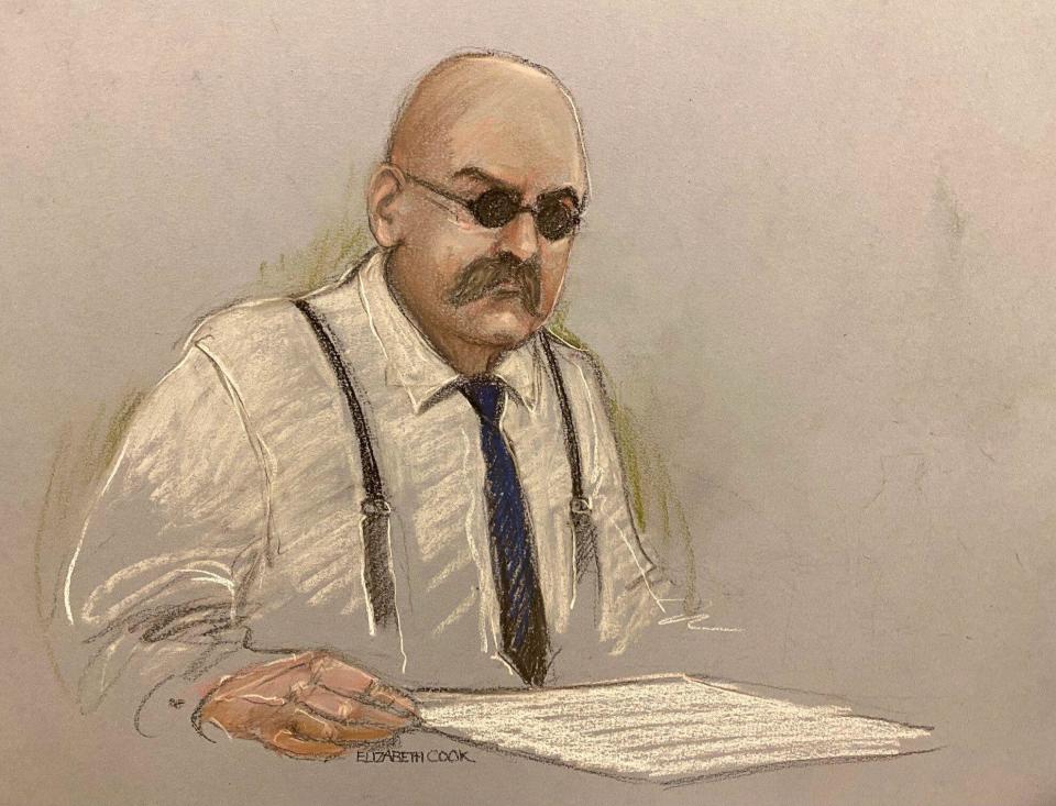 Court artist sketch by Elizabeth Cook of notorious inmate Charles Bronson, appearing via video link from HMP Woodhill, during his public parole hearing at the Royal Courts Of Justice, London.