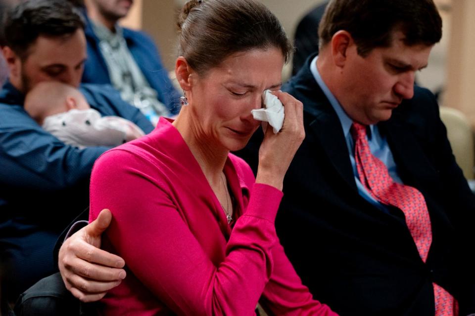 PHOTO: Rebecca Milner, a plaintiff in the Nicole Blackmon vs. the State of Tennessee, wipes away tears as she listens to arguments presented by her attorney in court Thursday, April 4, 2024, in Nashville, Tenn. (George Walker IV/AP)